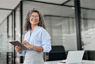 A launch success team member looks up from her tablet